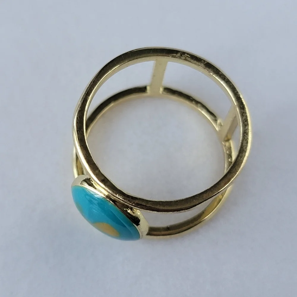 Turquoise and Gold Swirl Enamel Ring Gold Tone Size 6.5 Midi Ring